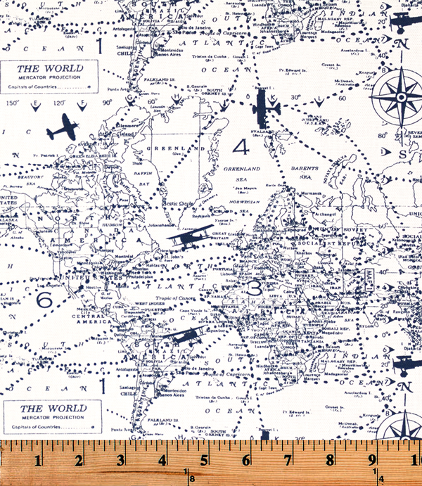picture of a printed cotton fabric featuring vintage airplanes and travel maps
