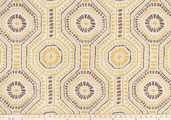 picture of repeating tribal Indian octagon repeating pattern on yellow fabric
