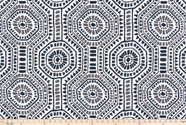 picture of repeating tribal Indian octagon repeating pattern on slub linen fabric