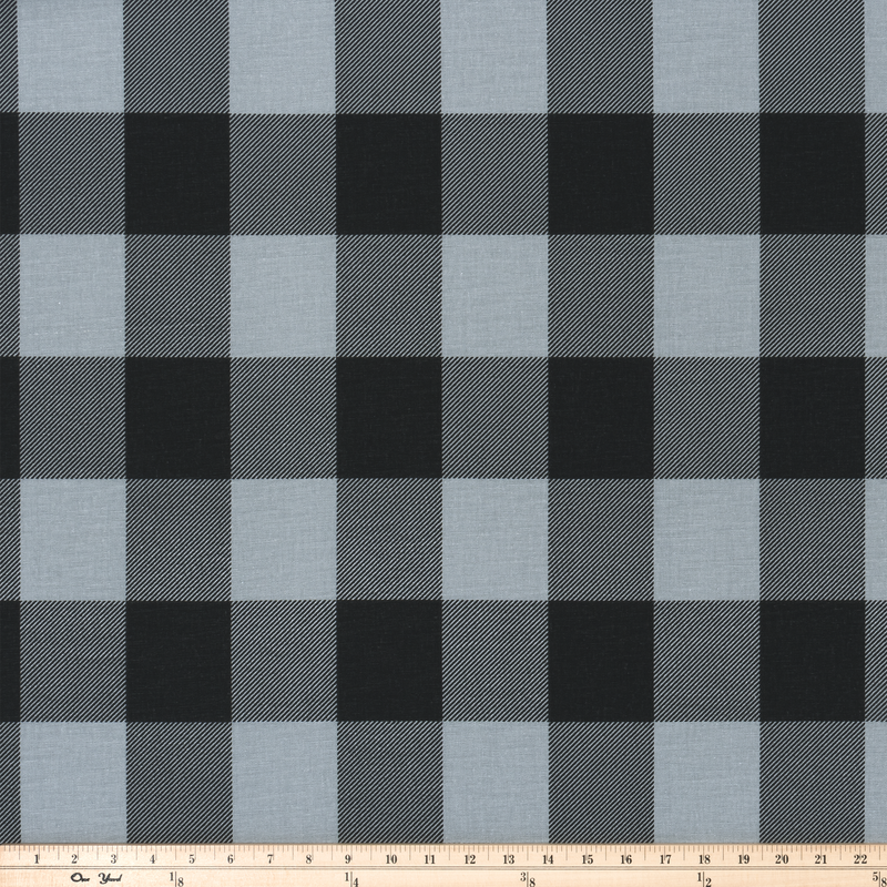 photo of black buffalo plaid check pattern printed on grey fabric