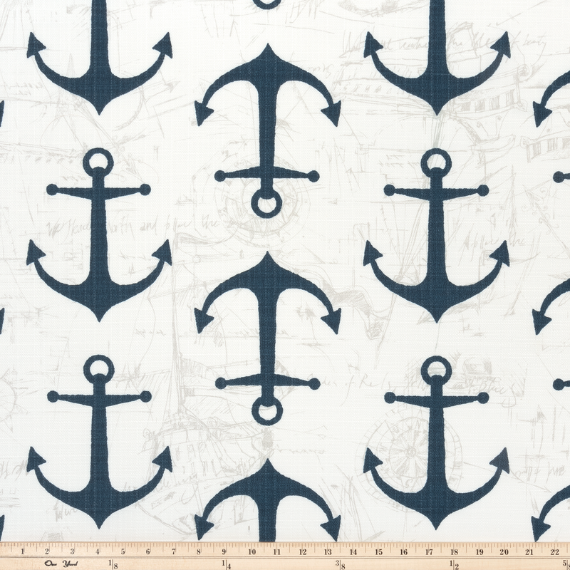 Photo of blue anchors printed on white nautical beach sea outdoor fabric