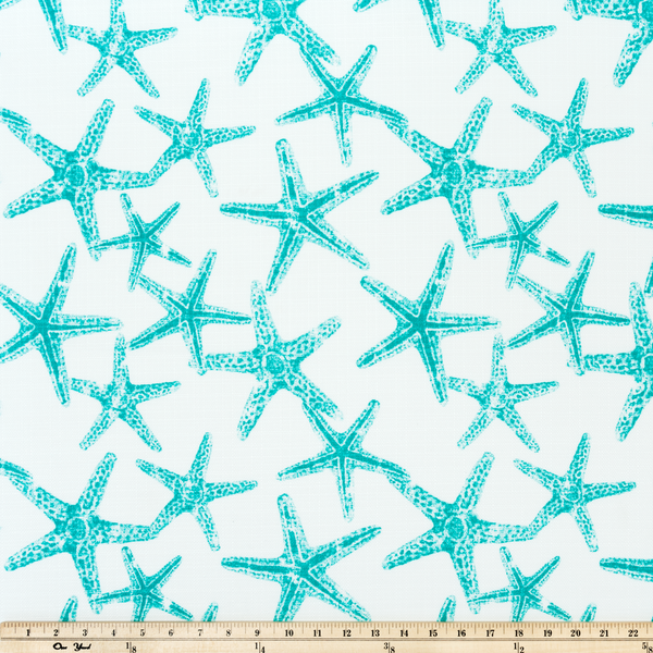 photo of turquoise blue starfish repeating pattern on white beach nautical fabric