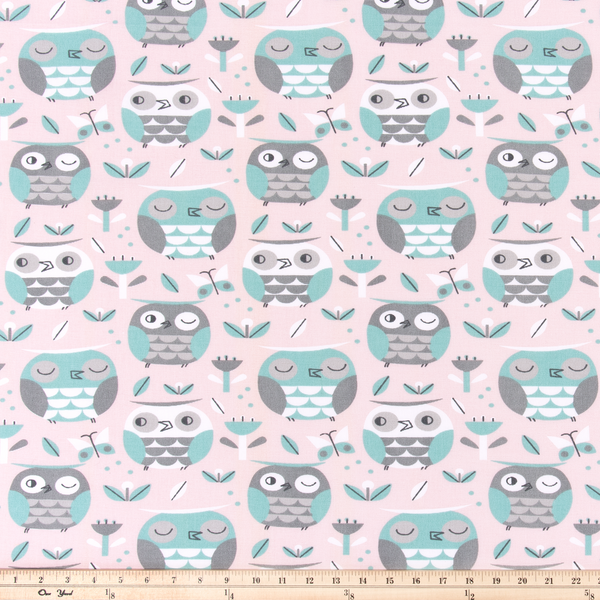 pink and green owl themed fabric for kids 