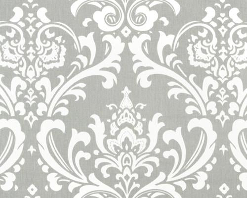 Photo of repeating white Damask pattern printed on grey fabric