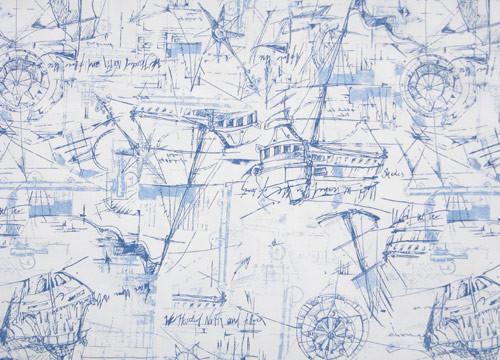 Picture of Navy Blue Nautical Boat Ocean Sean Map Printed Fabric