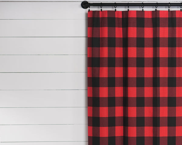 Picture of window curtains made with large red and black plaid pattern