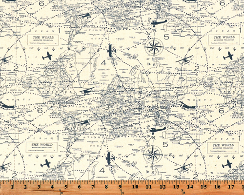 A photo of a swatch of fabric with printed vintage airplanes and maps