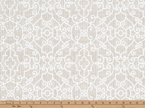 Photo of tan elegant geometric scroll design pattern printed on white fabric