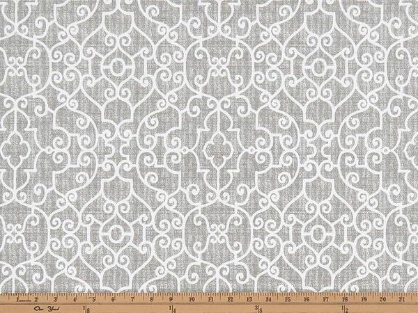 Photo of grey elegant geometric scroll design pattern printed on white fabric