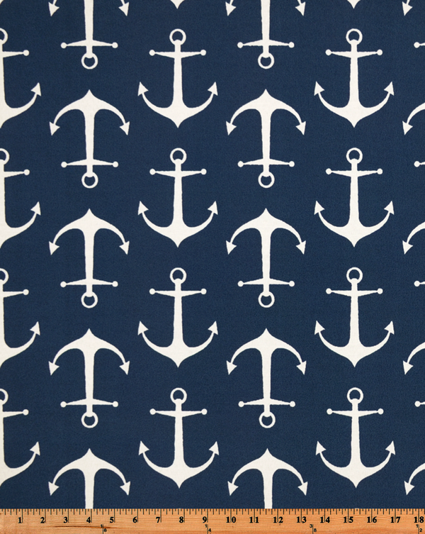 Photo of repeating ship anchor pattern on blue fabric