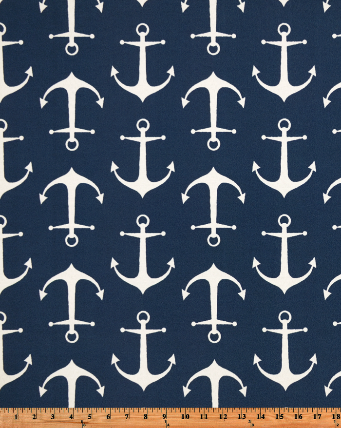 Photo of repeating ship anchor pattern on blue fabric