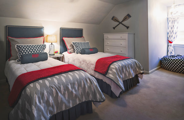 picture of teepee, indian feather, and polka dot fabrics in kids bedroom