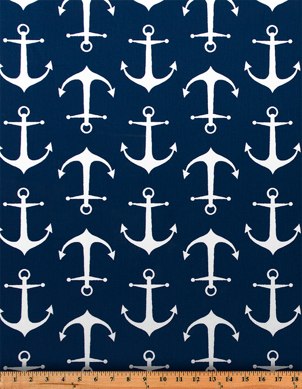 Photo of white repeating ship anchor pattern on navy blue fabric