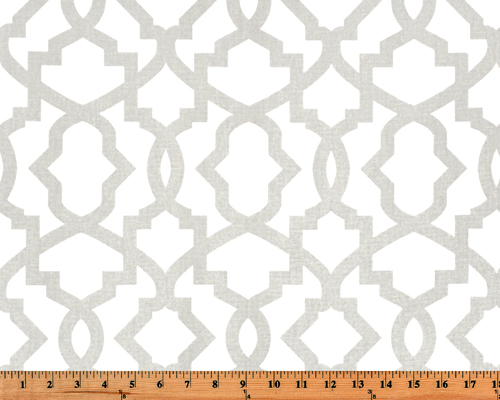 Photo of a grey geometric trellis pattern printed on white fabric